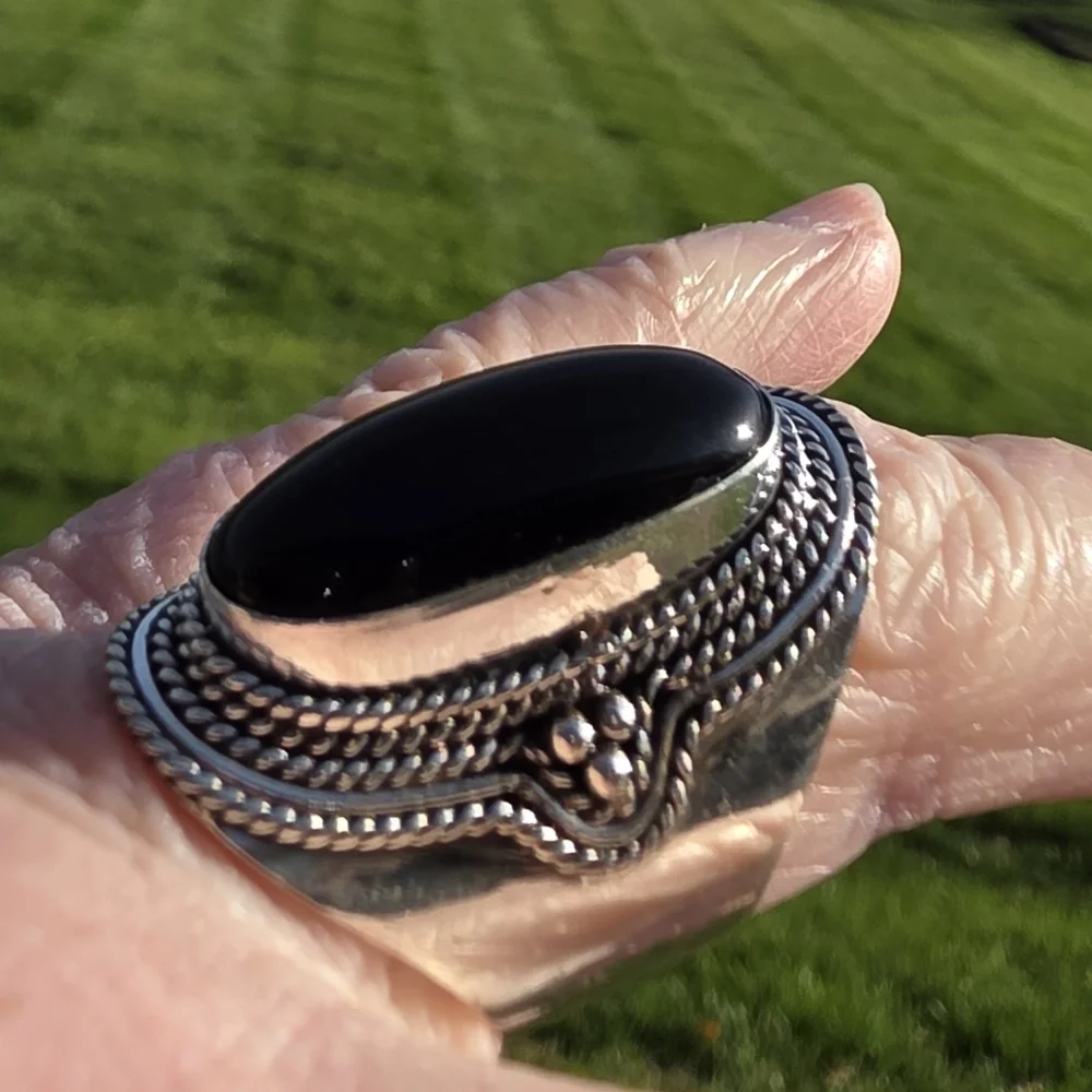 Long Black Onyx Boho Ring in 925 Sterling Silver (snug 9)
